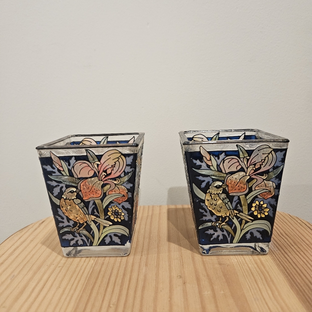 Floral Patterned Tea Light Candle Holders - Blue and Pink